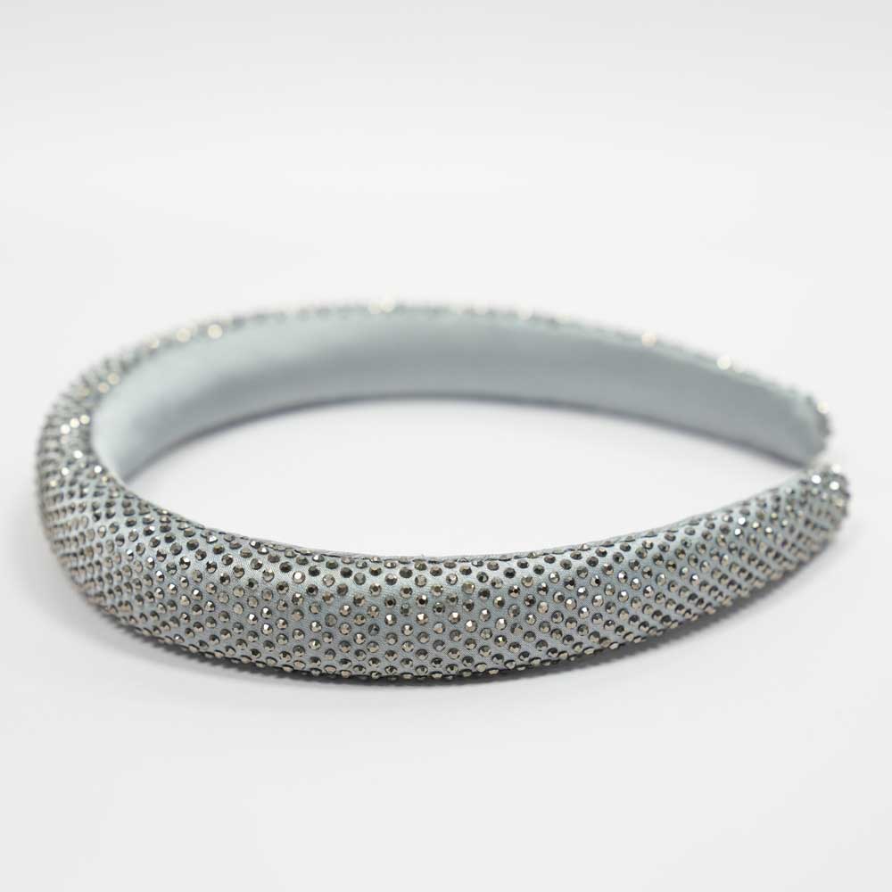 Silk Satin Puff Hair Band with Rhinestones - Grey