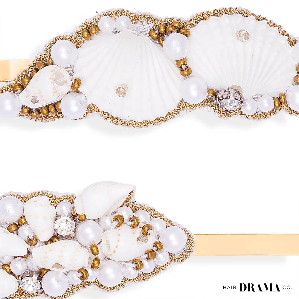Shell & Pearl Embellished Hair Pins - Set of 2 - Gold