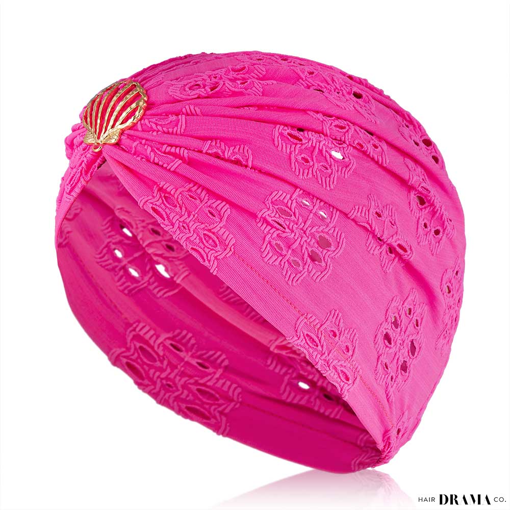 Hot Pink Cutwork Turban with Shell Metal Broach