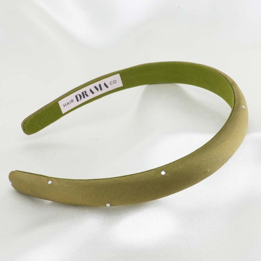 Fita de cabelo 100% seda de amoreira com strass - Verde Jade