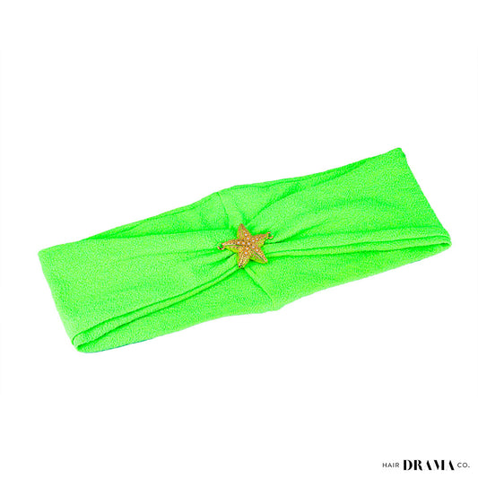 Neon Green Textured Hair Band with Starfish Metal Broach