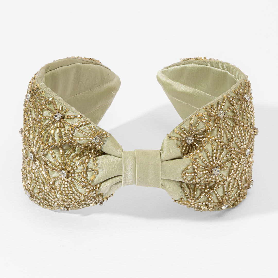 Embroidered Knotted Headband - Gold