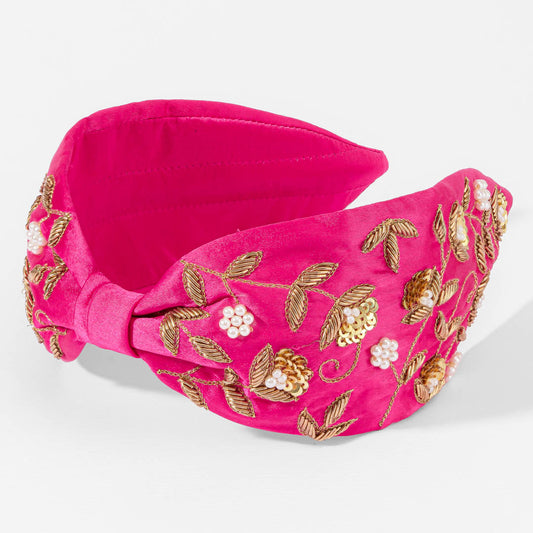 Gilded Embroidered Knotted Headband - Pink