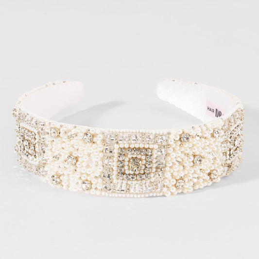 Tiara Régia com Pérolas e Cristais - Branca