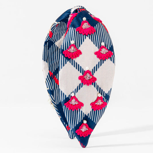 Fita de cabelo com nó e estampado xadrez