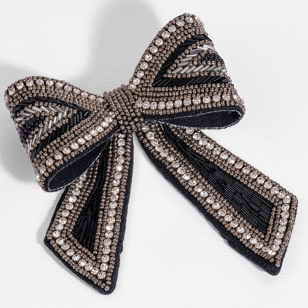 Black Crystal Embroidered Bow Clip