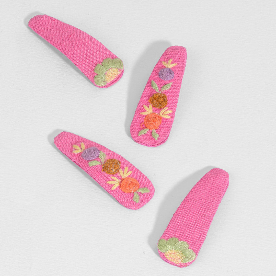 Presilhas de cabelo bordadas com flores cor-de-rosa - Conjunto de 4