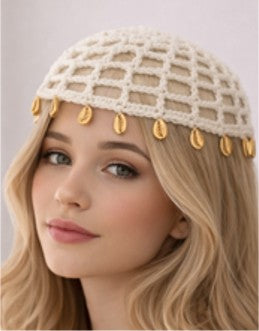 B2B-0456-E Off-white Crochet Mesh Skull Cap with golden Shells