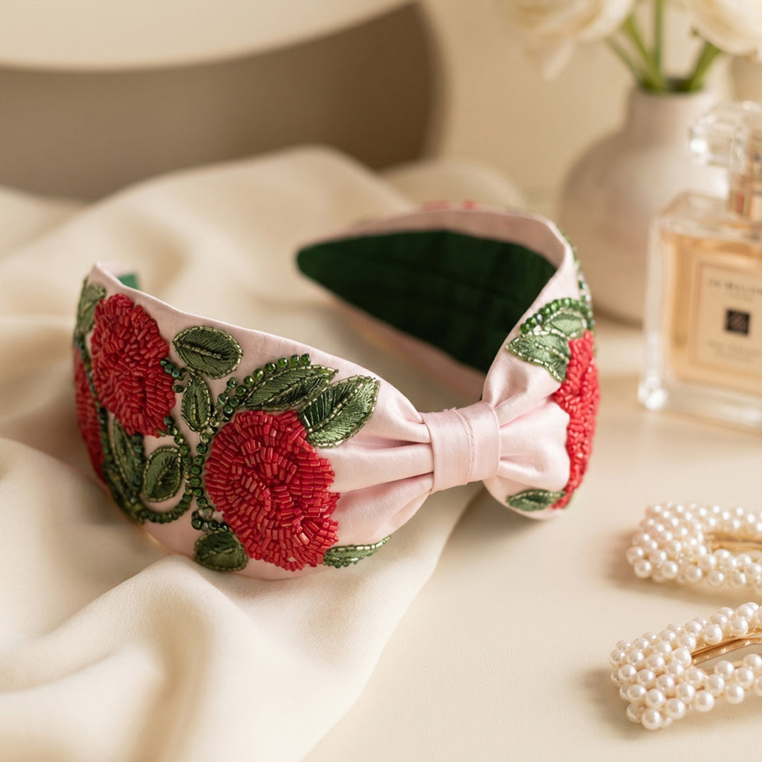 Timeless rose embroidered headband with intricate pink and green beading - vintage-inspired luxury