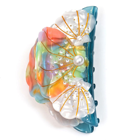 Presilha de cabelo em forma de concha com pérolas e cristais - Multicolor