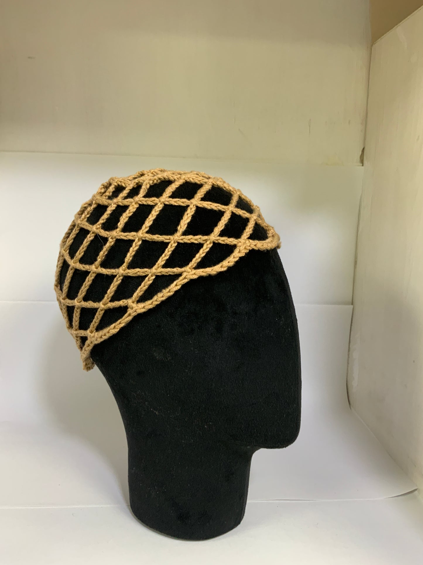 Crochet Mesh Skull Cap with Shells - Beige