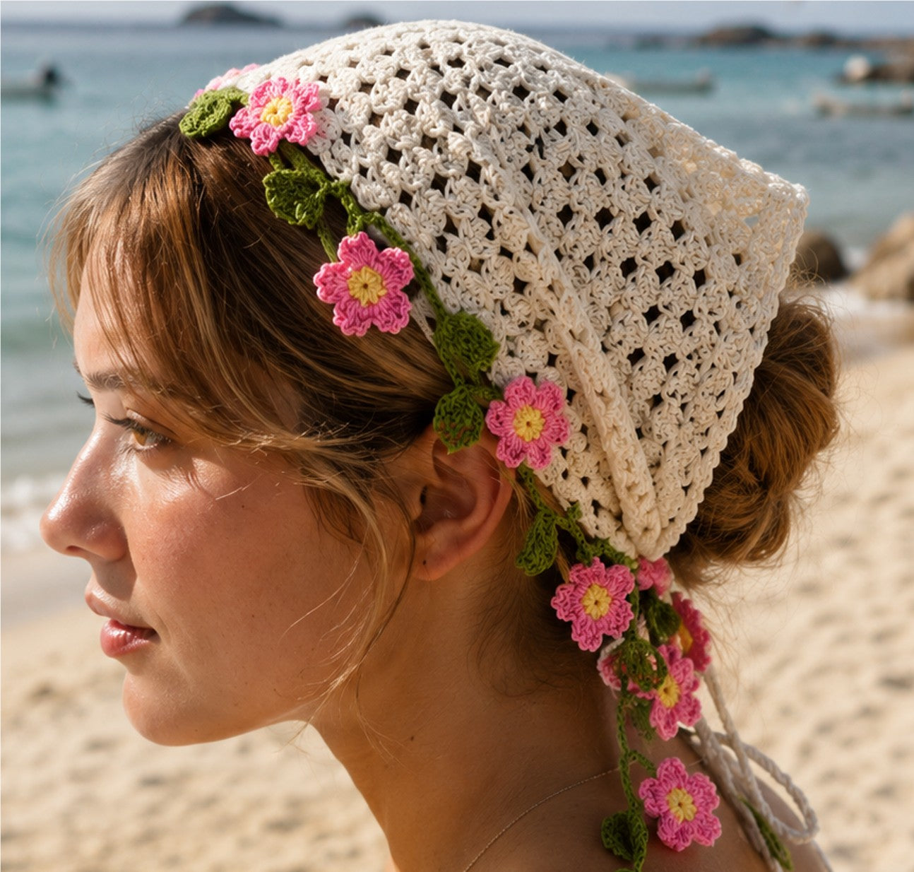 Ivory Crochet Bandana Headscarf