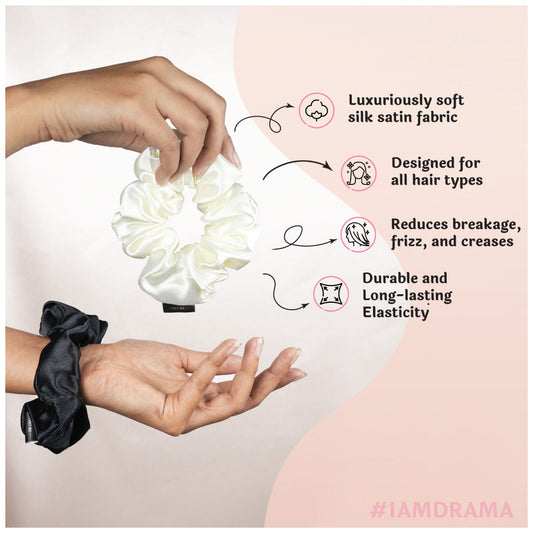 Conjunto de 6 scrunchies em cetim de seda preto e branco