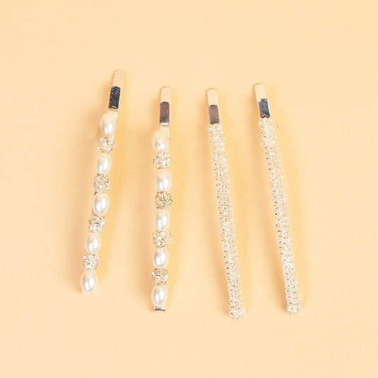 Pearl & Crystal Hair Pins - Set of 4 - Off-White