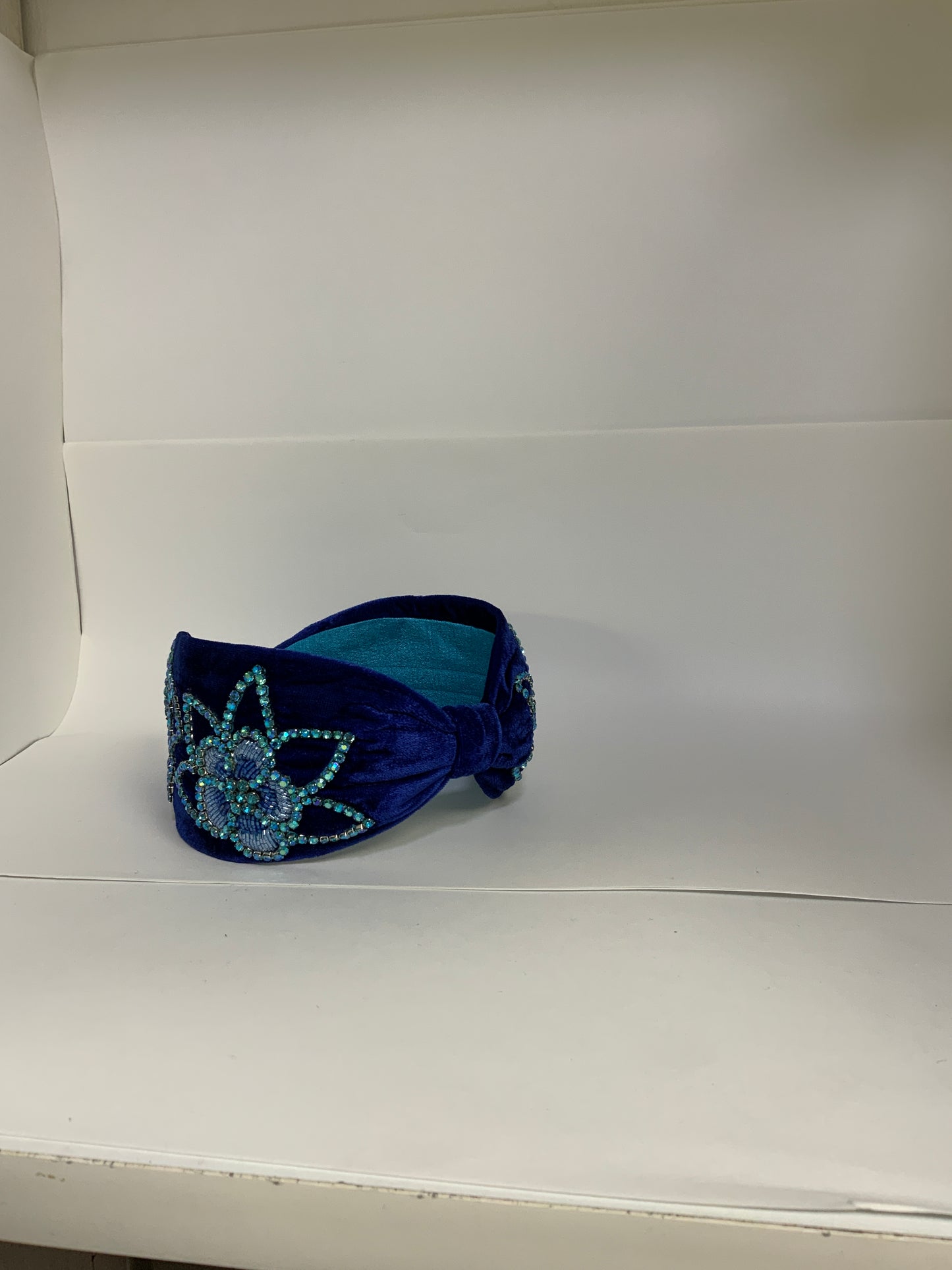 Midnight Bloom Embellished Knot Headband – Navy