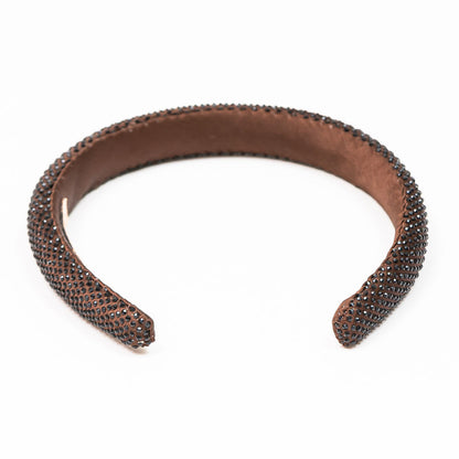 Silk Satin Puff Hair Band with Rhinestones - Dark Brown