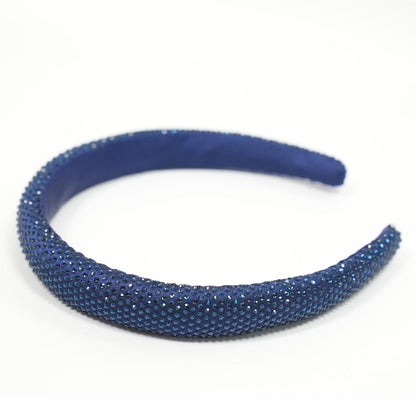 Silk Satin Puff Hair Band with Rhinestones - Royal Blue
