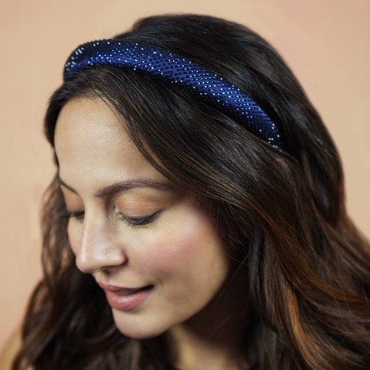 Fita de cabelo em cetim de seda com strass - Azul Royal