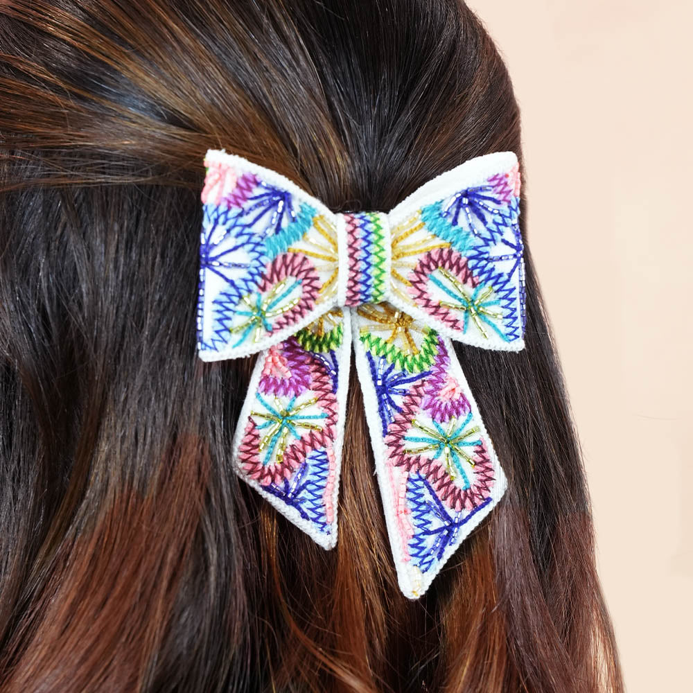Presilha de cabelo com laço e detalhes em jacaré - Multicolor