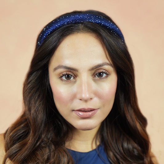 Fita de cabelo em cetim de seda com strass - Azul Royal