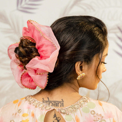 Oversized Dual color Organza Scrunchy with Gota Patti - Pink
