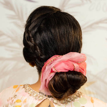 Oversized Dual color Organza Scrunchy with Gota Patti - Pink