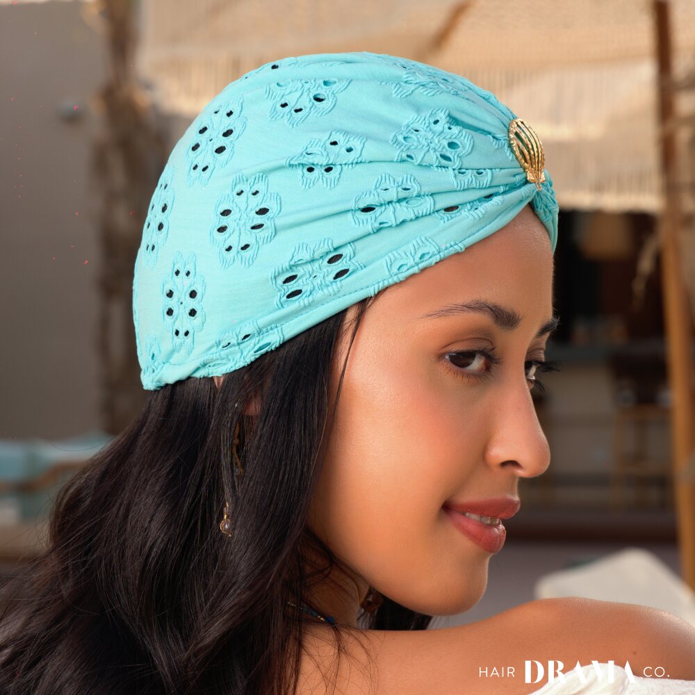 Blue Cutwork Turban with Shell Metal Broach