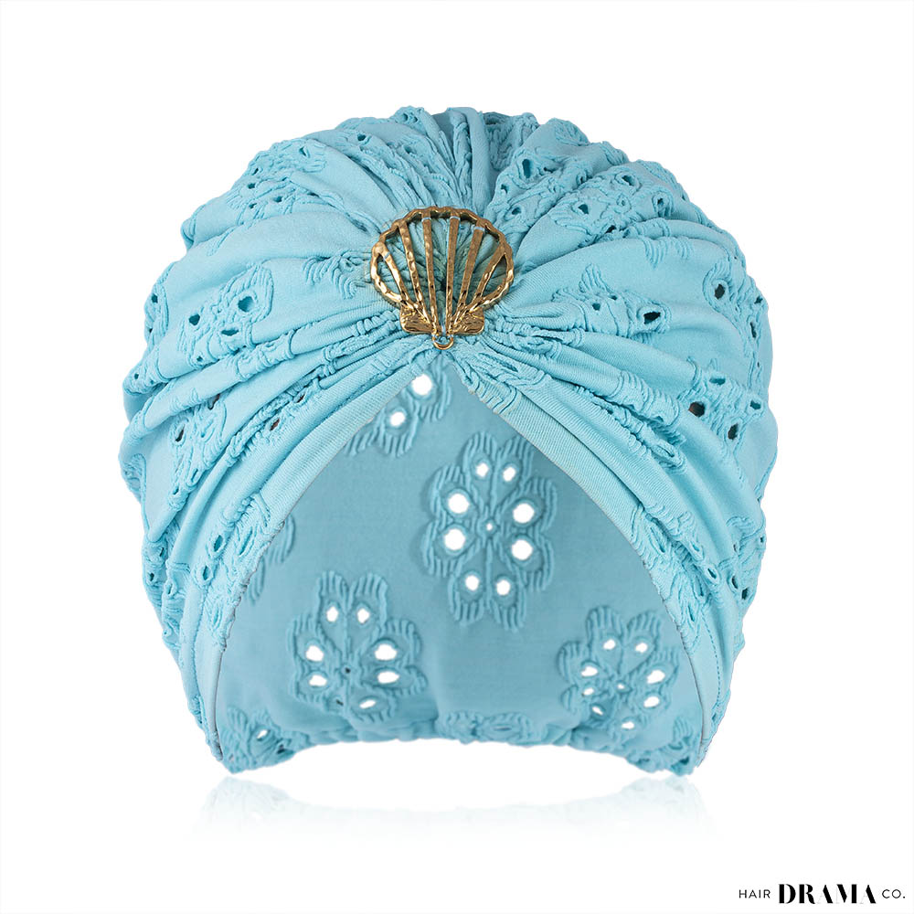 Blue Cutwork Turban with Shell Metal Broach