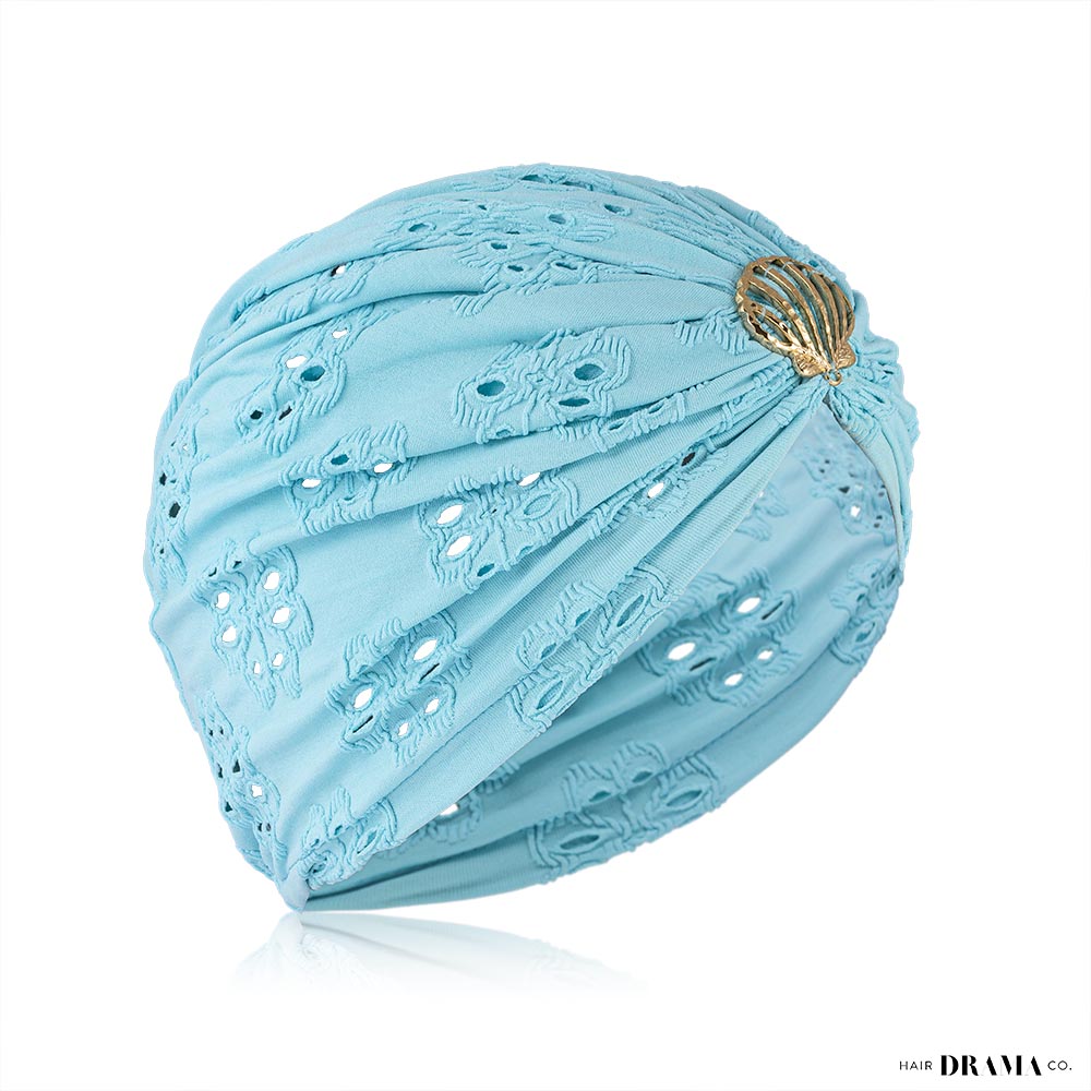 Blue Cutwork Turban with Shell Metal Broach
