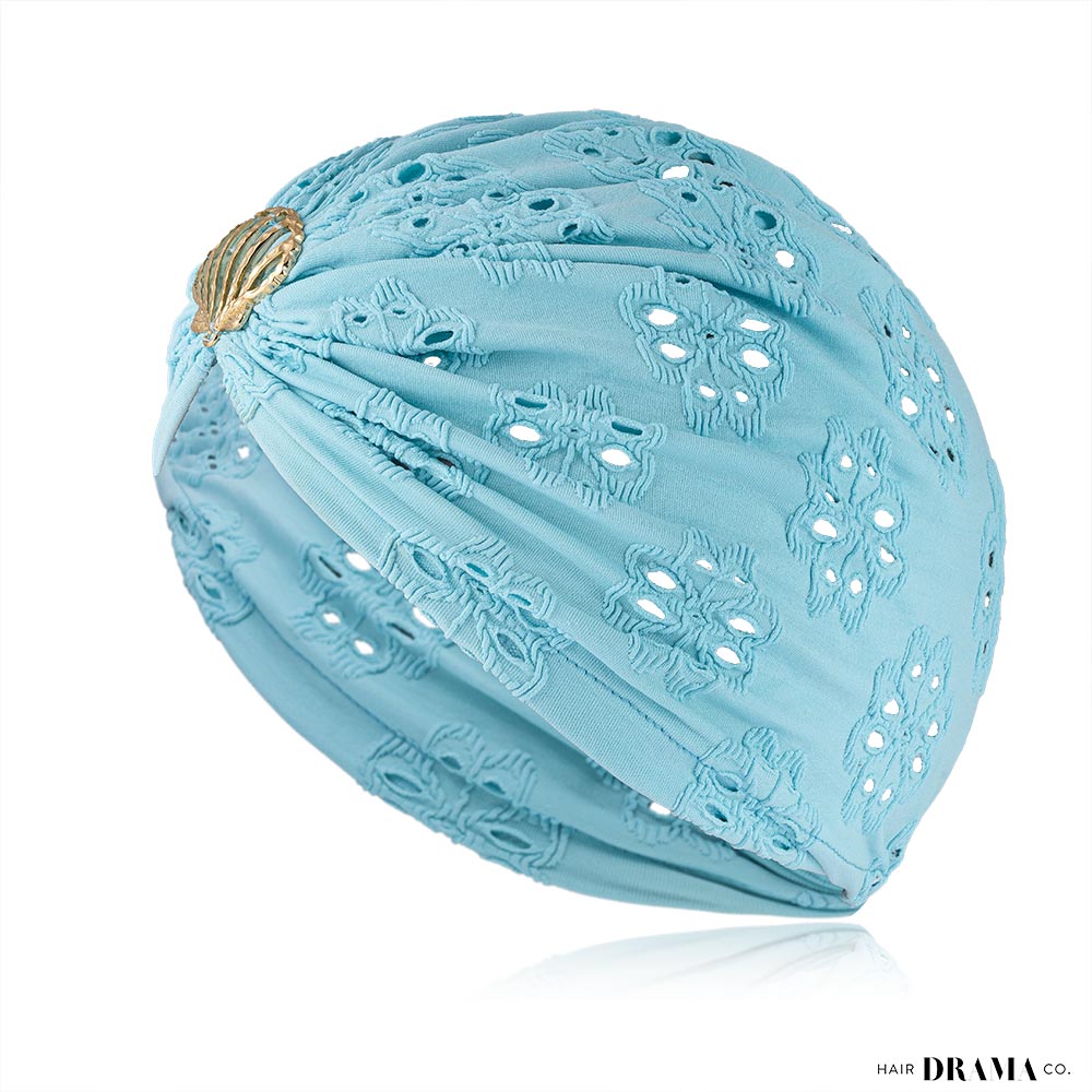 Blue Cutwork Turban with Shell Metal Broach