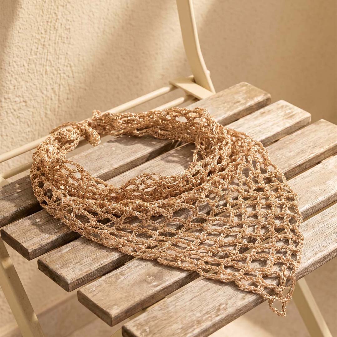 Fine zari crochet bohemian headscarf in muted gold - lightweight, versatile bandana for styling