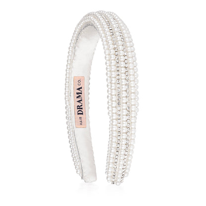 Pearls & Crystal Puff Hair Band - White