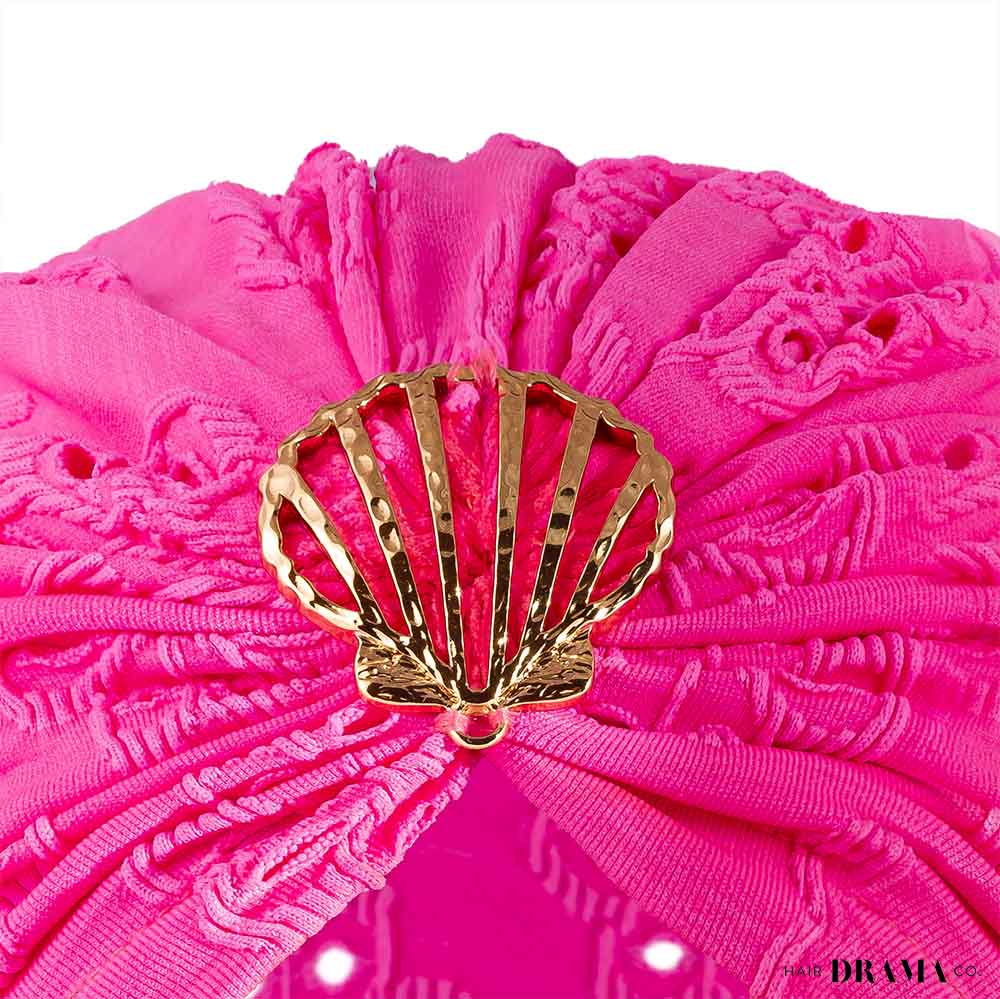 Hot Pink Cutwork Turban with Shell Metal Broach