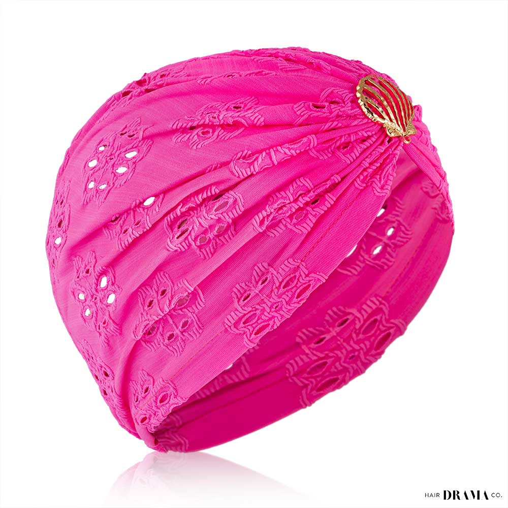 Hot Pink Cutwork Turban with Shell Metal Broach