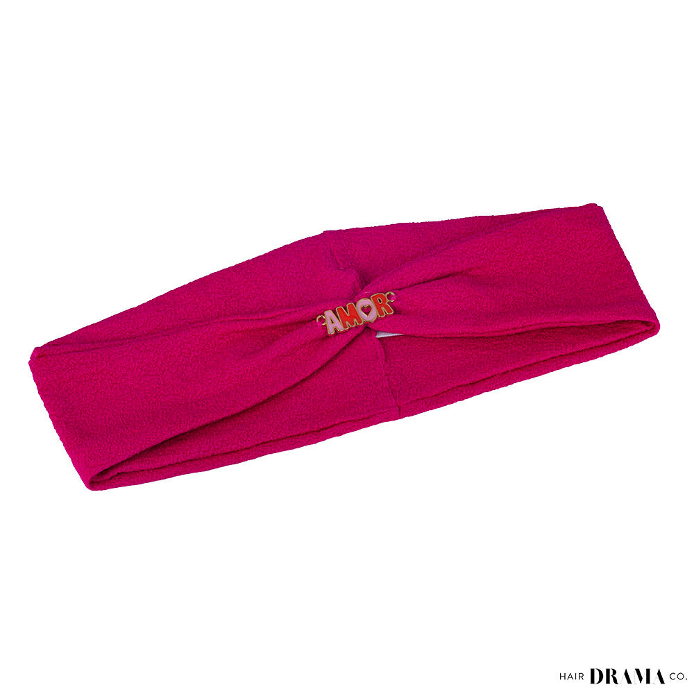 Fita de cabelo texturizada rosa escuro com pregadeira metálico Amor