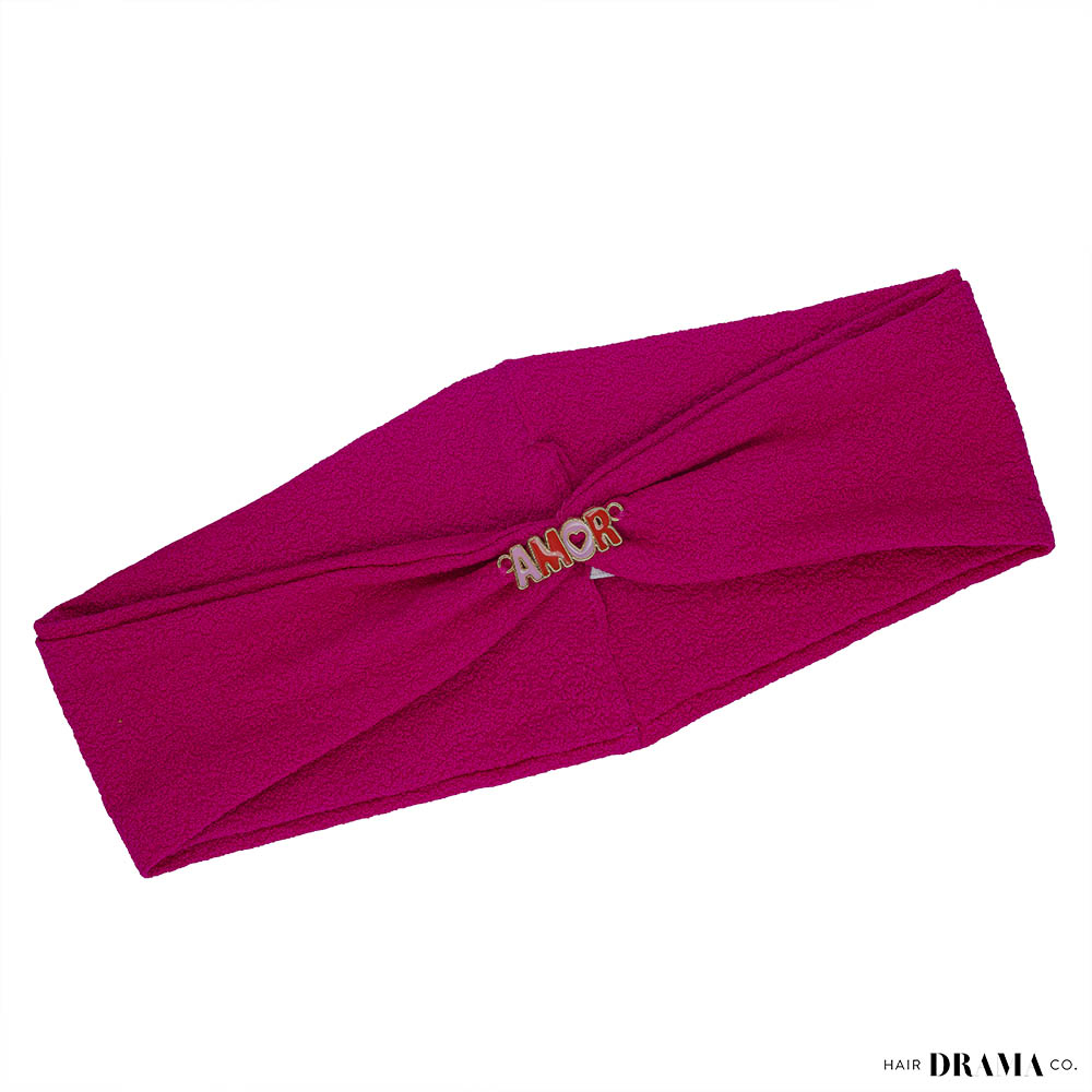 Fita de cabelo texturizada rosa escuro com pregadeira metálico Amor