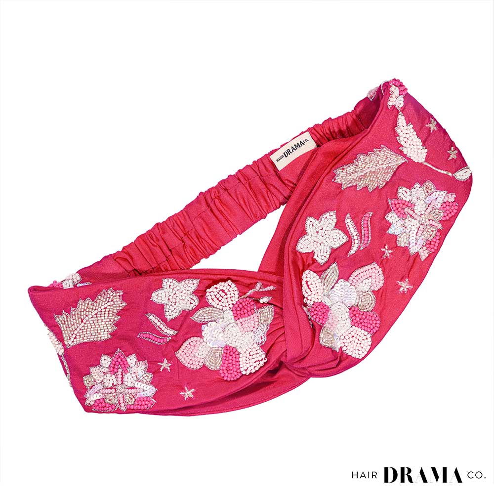 Fita de cabelo feminina com detalhes florais - Rosa choque 