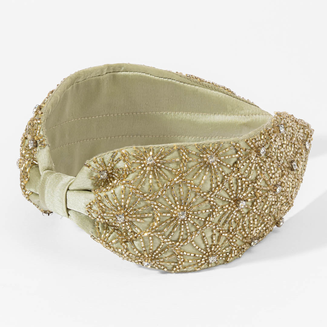 Embroidered Knotted Headband - Gold