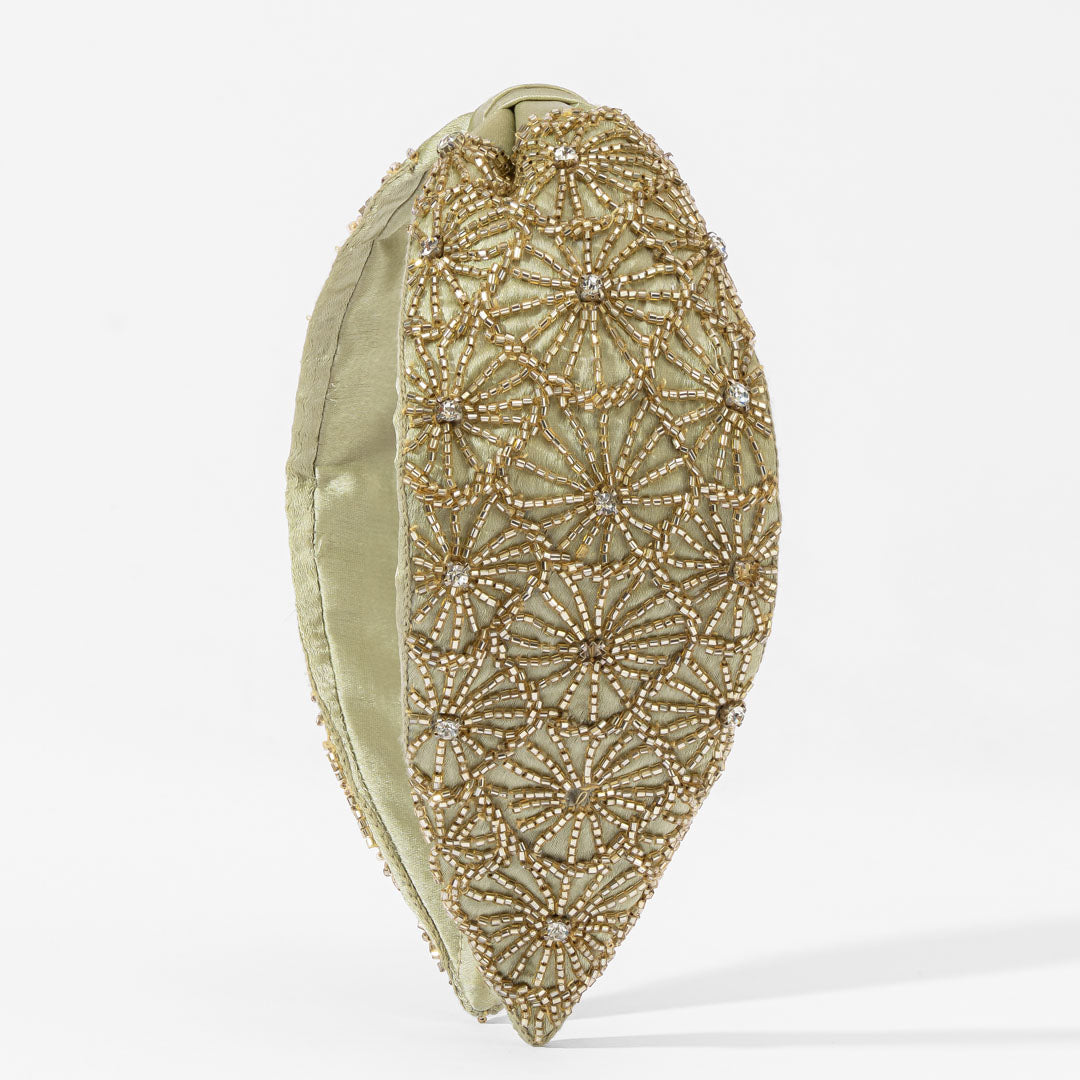 Embroidered Knotted Headband - Gold
