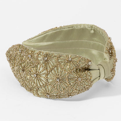 Embroidered Knotted Headband - Gold