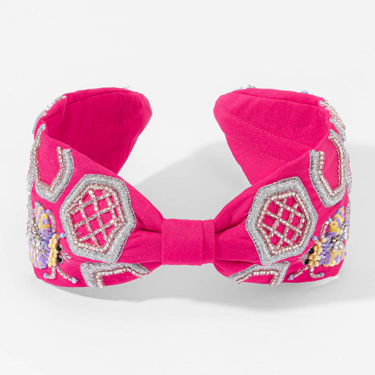 Fita de cabeça com nó bordado em favo de mel