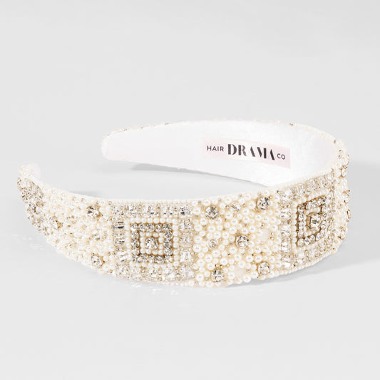 Tiara Régia com Pérolas e Cristais - Branca