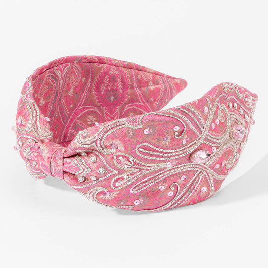 Fita de cabelo com nó em brocado - Rosa