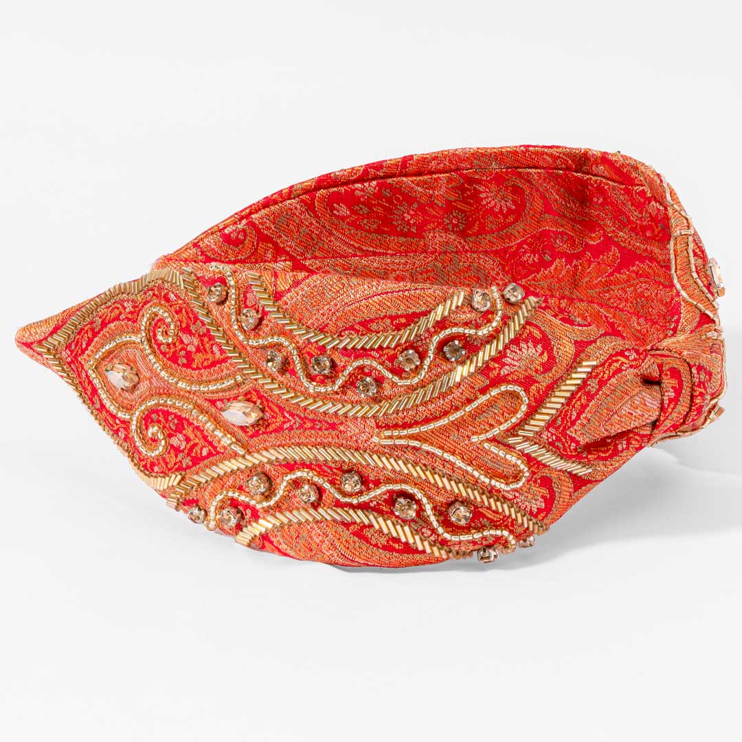 Brocade Embroidered Knotted Headband - Red