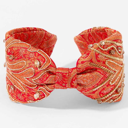 Brocade Embroidered Knotted Headband - Red