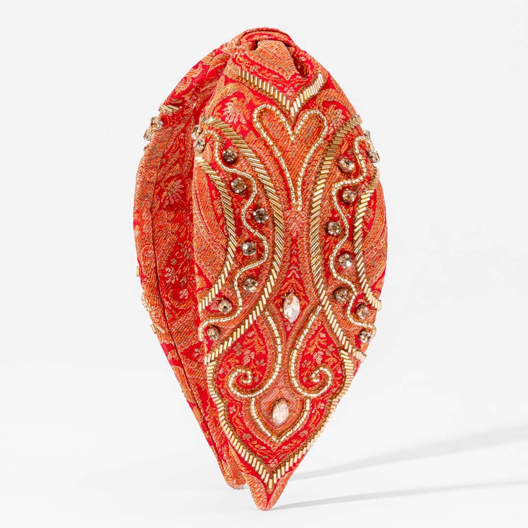 Brocade Embroidered Knotted Headband - Red