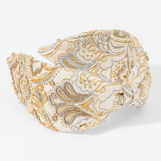 Fita de cabelo com nó em brocado - Branca