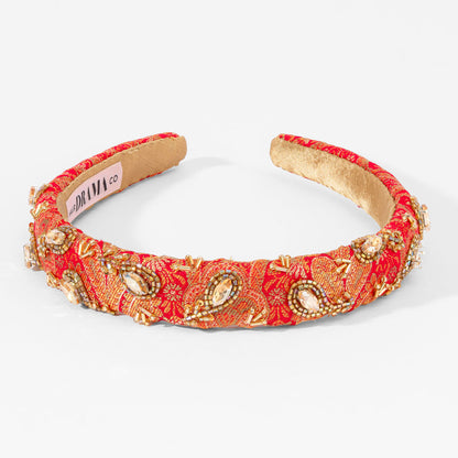 Stone-Studded Puff Hairband - Red