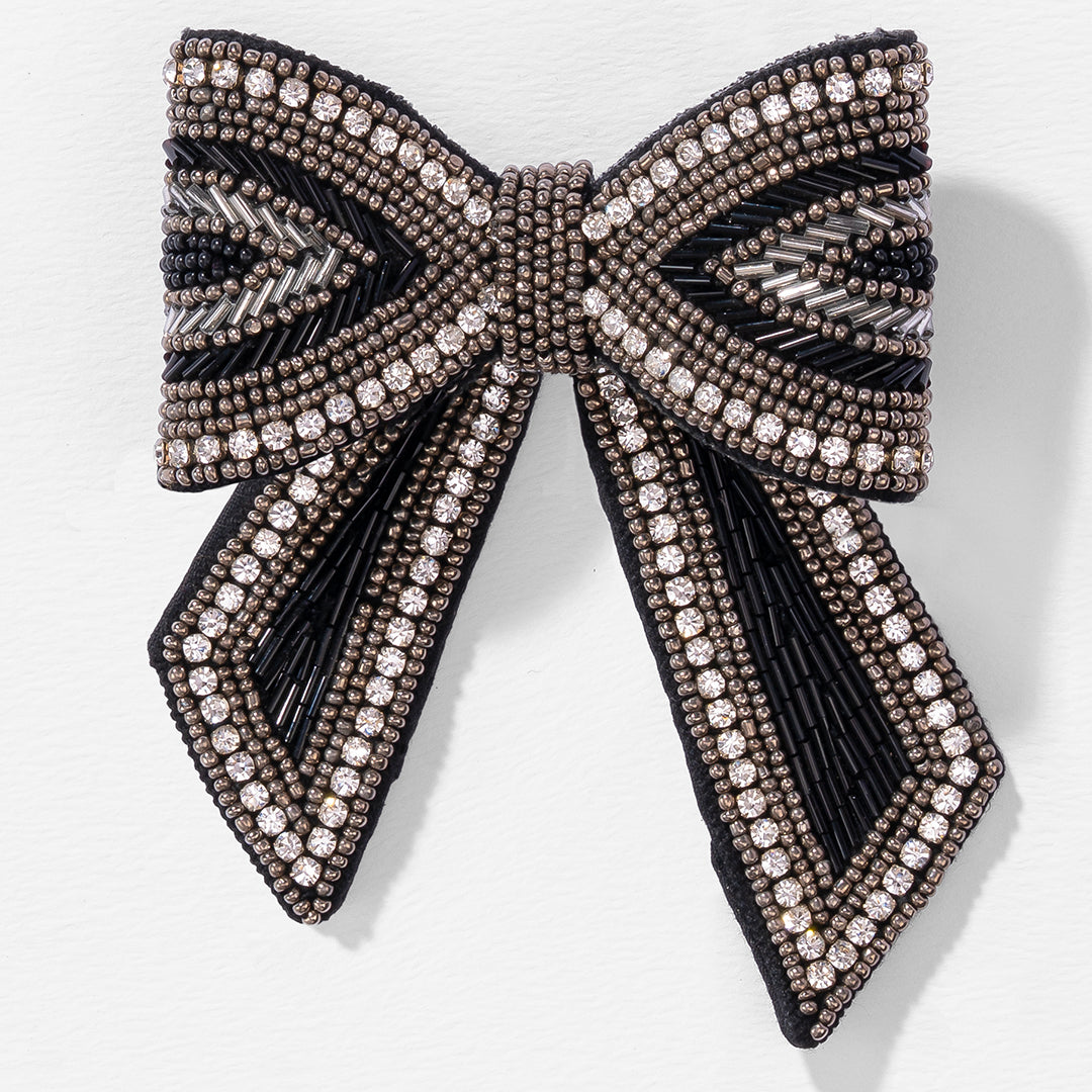 Black Crystal Embroidered Bow Clip