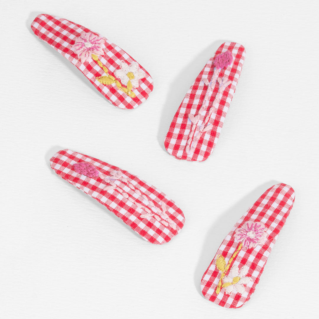 Red Gingham Hair Clips - Set of 4